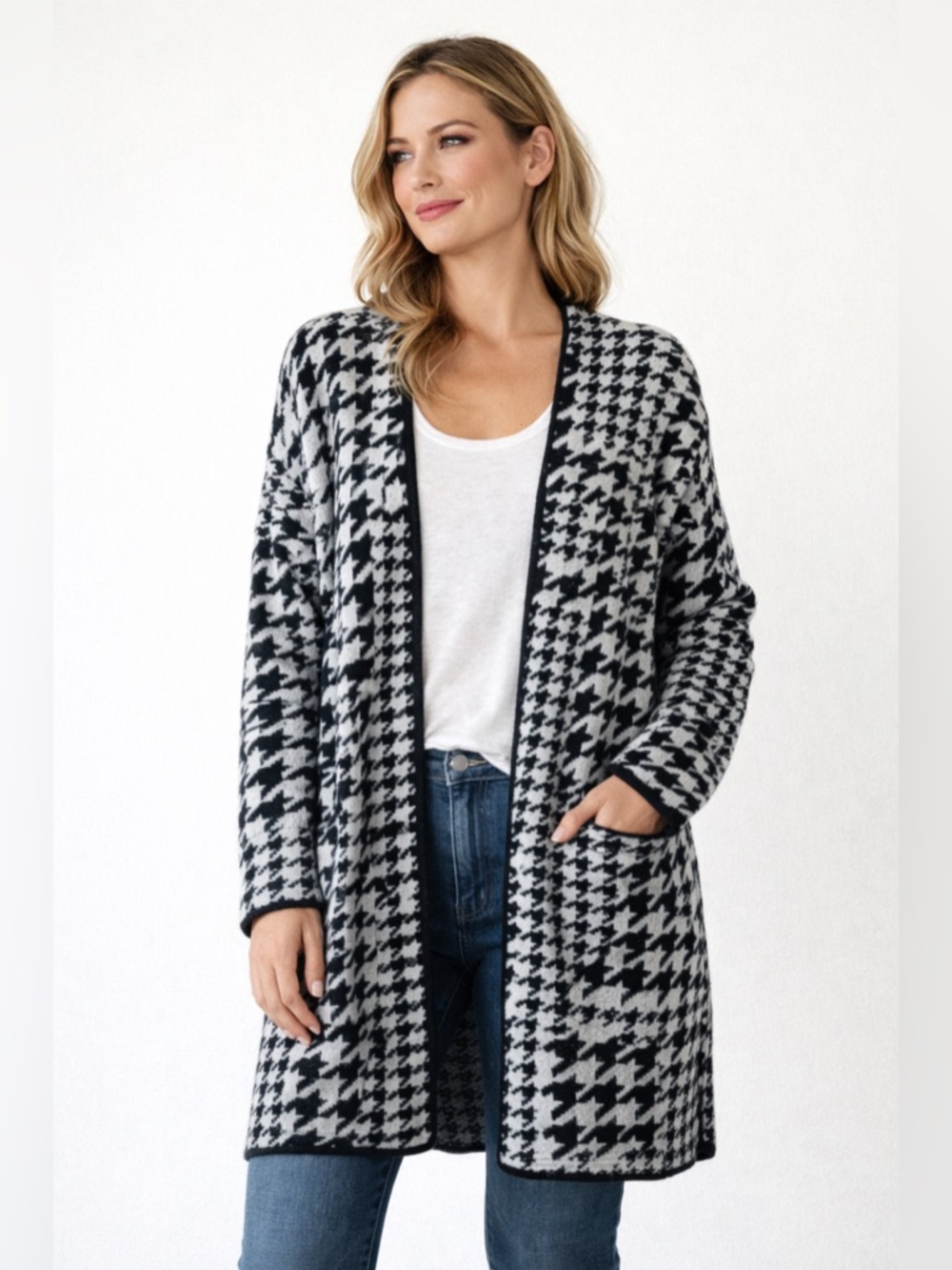 Nine West Black & White Houndstooth Open-Front Cardigan